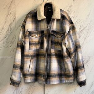 Forever 21 Shearling Trim Plaid Flannel Jacket SZ XL